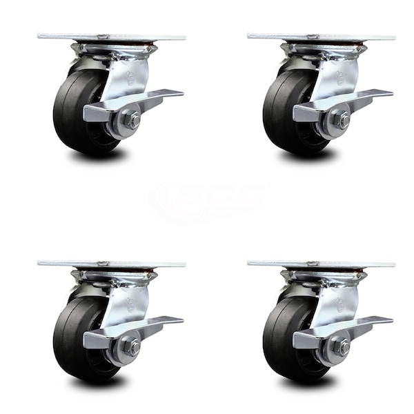 4 Inch Heavy Duty Rubber on Steel Caster Set with Ball Bearings and Brakes SCC